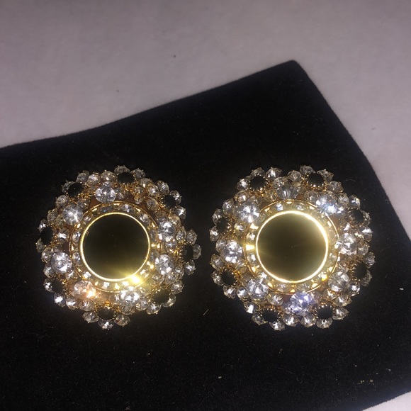 Stunning Jet Black & Crystal Dramatic Button Earrings-Clip On-Boutique - Picture 6 of 8